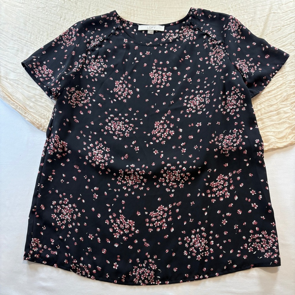 LOFT Ann Taylor Womens Black Floral Short Sleeve Lightweight Business Top Size S
